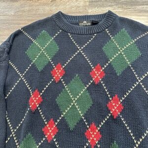 Vintage Structure Blue Mens L‎ Argyle Geometric Knit Crew Neck Sweater 90s